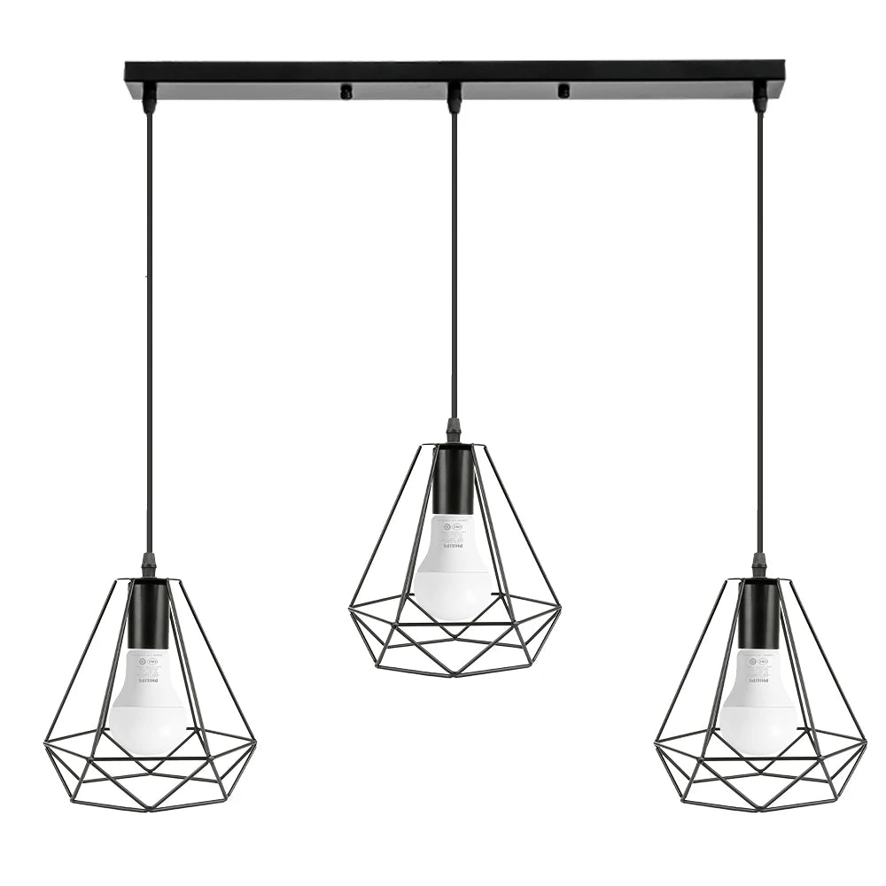 Suspension Industrielle Vintage 3 Lumières Cage Fer Noir