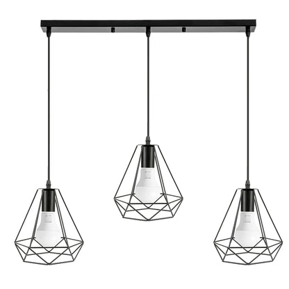 Suspension Industrielle Vintage 3 Lumières Cage Fer Noir