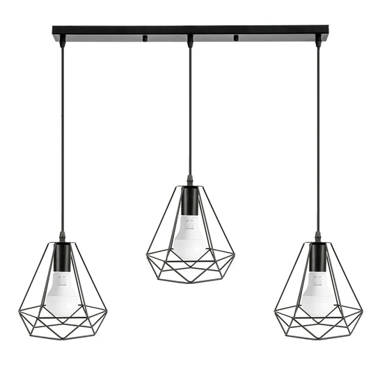 Suspension Industrielle Vintage 3 Lumières Cage Fer Noir